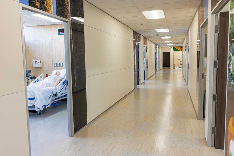 Hallway of simulation spaces in the Clinical Simulation & Skills Facility