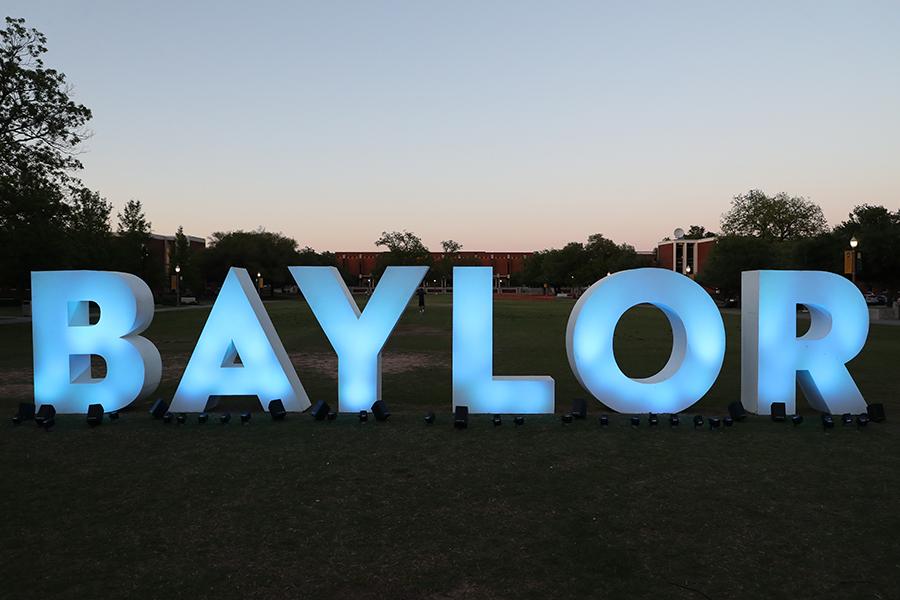 "BAYLOR" letters are lit up in lights.